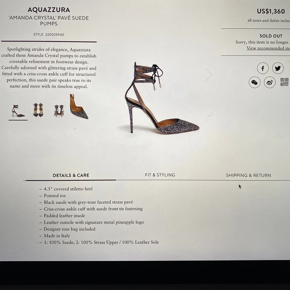 Aquazzura Amanda Crystal Pave Suede Stiletto Pumps / Heels US8